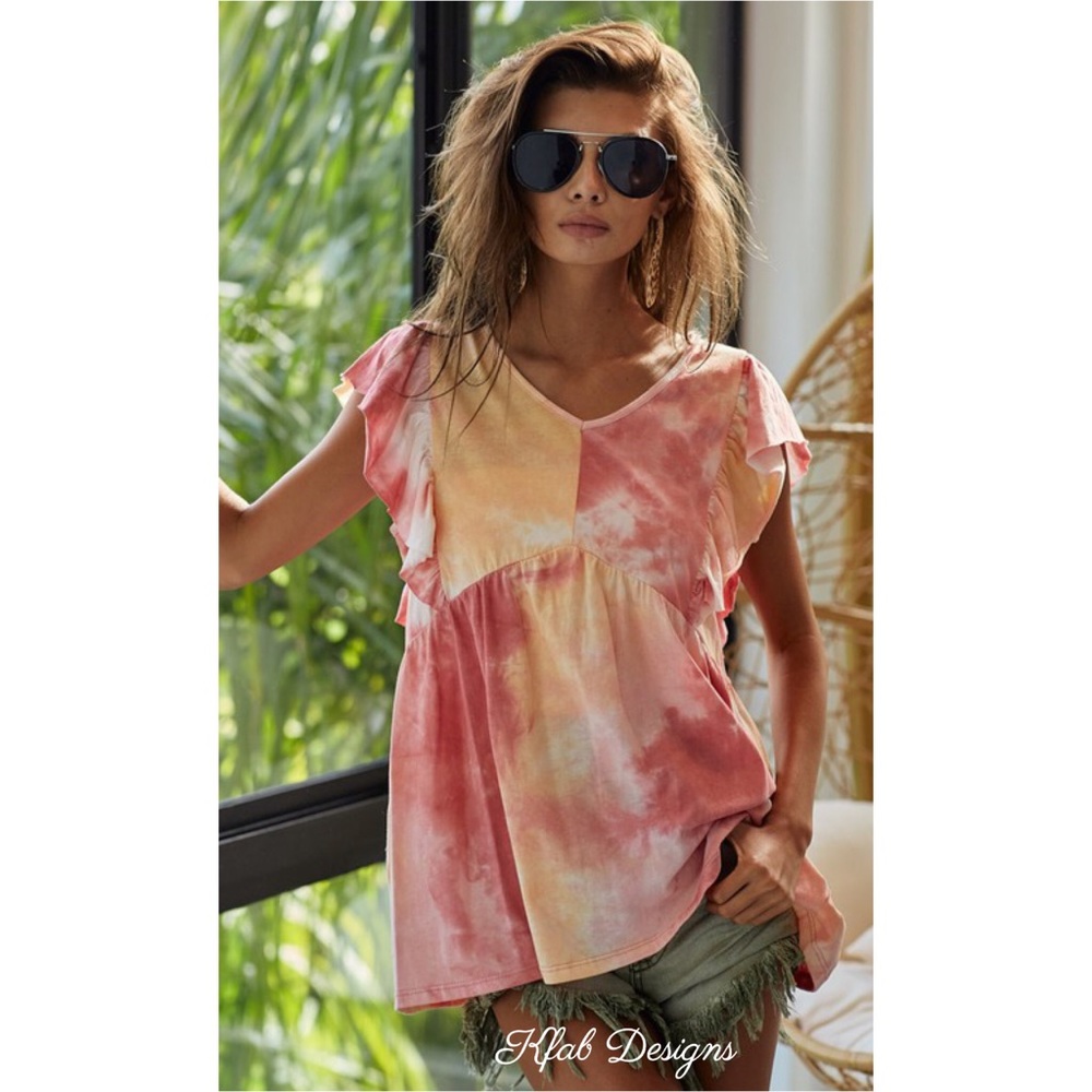 ❤️LAST 1 V Neck Ruffle Tie Dye Cotton Babydoll Top - Picture 8 of 12